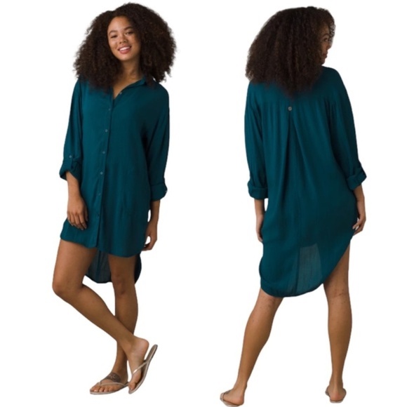 Prana Scheena Shirt Button Down Tunic Coverup Mini Dress Tencel Teal Size Small - Picture 1 of 13